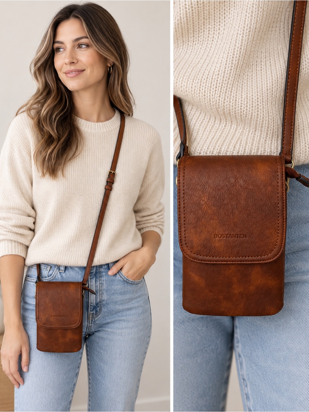 BOSTANTEN Brown Crossbody Phone Wallet Bag Adjustable Strap NWOT